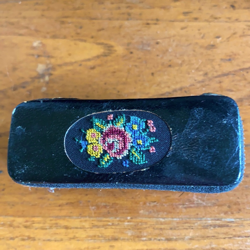 Vintage German black leather zippered petit point sewing/grooming kit wi…